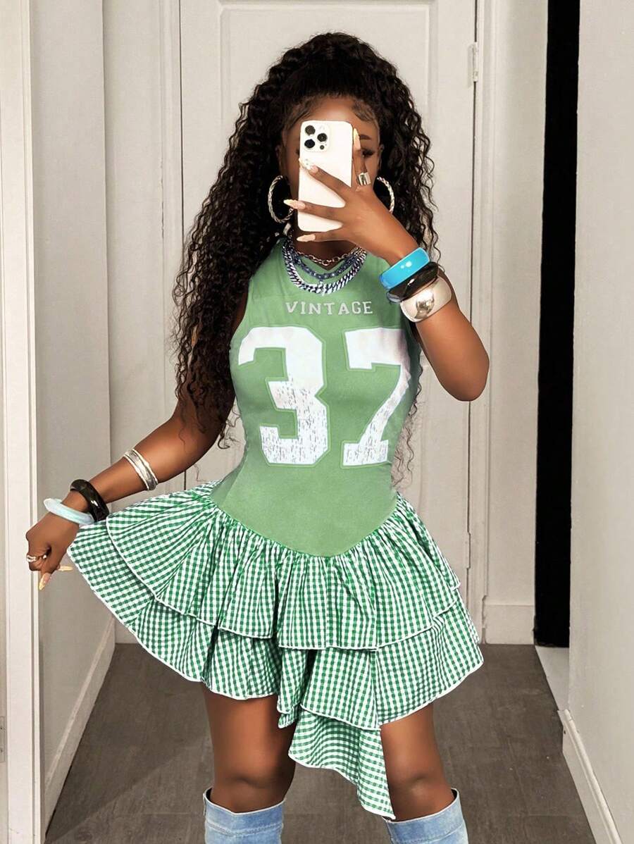 BamGleam Váy thể thao mini ôm vừa vặn họa tiết kẻ caro cổ chữ V họa tiết bóng đá dành cho nữ mùa hè - Nhiều màu - Xem 1
