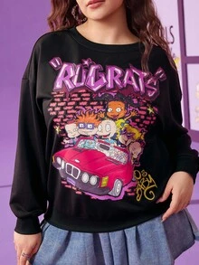 Nick 90s | SHEIN Plus Size Women's Summer Fall Autumn Y2k Cleanfit Atry Chic Cute Retro Vintage Casual Alternative Back To School Clothes Kawaii  Streetwear Loose Black Black Cartoon Pattern Crew Neck Sweatshirt Winter