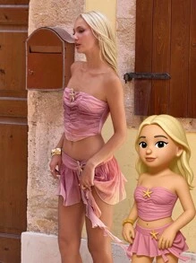 SHEIN ICON Ensemble de 2 pièces pour femmes, Top bandeau court imprimé dégradé de couleurs et mini-jupe. Tenue de vacances pour femmes, vêtements roses - Multicolore - Voir 1