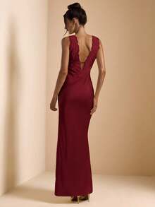 SHEIN BAE 春夏纯黄色性感优雅深 V 领系带蕾丝边缎面长款连衣裙，适合情人节、派对、音乐节、伴娘、舞会、度假 - 酒紅色 - 查看 2