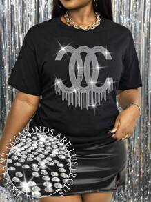 Maweii Plus Size Slogan Rhinestone Short Sleeve T-Shirt Hot Diamond Tees Women Tops - Black - View 3