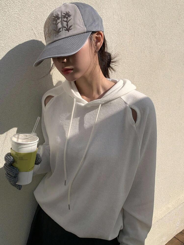 Hollow Out Hooded Off Shoulder Long Sleeve Thin Unique Design Loose Top
