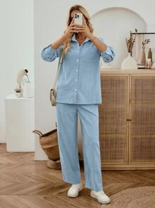 EMERY ROSE Women's Solid Color Pocket Long Sleeve Single-Breasted Shirt And Pants Corduroy 2 Pieces Lounge Sets,Light Blue Autumn Casual Occasion Fall Outfit - Blue - View 7