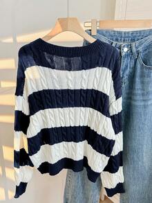 SHEIN 少女黑白V领条纹纹理针织灯笼袖宽松休闲优雅通勤毛衣 - 藏蓝色 - 查看 2