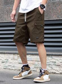 Manfinity Homme 男士夏季休闲纯色抽绳腰带口袋工装短裤 - 咖啡棕 - 查看 8