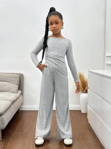 SHEIN مجموعة بنطلون ولباس علوي كاجوال رمادية للمراهقات، بأكمام طويلة غير متماثلة مصنوعة من الأقمشة المحبوكة المرنة، وبخصر مربوط بسحاب، مناسبة للخريف والشتاء