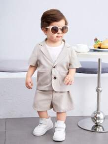 Chaqueta de manga corta simple unicolor estilo coreano casual para niño y niña con cuello de traje y cintura elástica, pantalones cortos unicolor a juego adecuados para verano - Multicolor - Ver 5