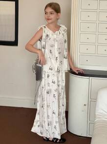 Hapijoa 2 件女童花卉荷叶边无袖上衣和裤子套装，夏季 - 白色 - 查看 2