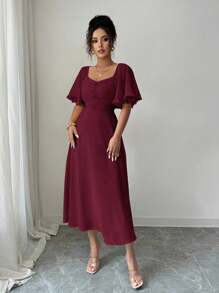 Modelyn Women's Solid Buttercup Yellow Chiffon Ruffle Sleeve Design Summer French Style Vacation Dress - Burgundy - View 7