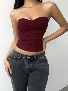 SHEIN BASICS Casual Solid Color Knit Fitted Tube Top For Women/Summer\Off-Shoulder - Rose Red - View 3