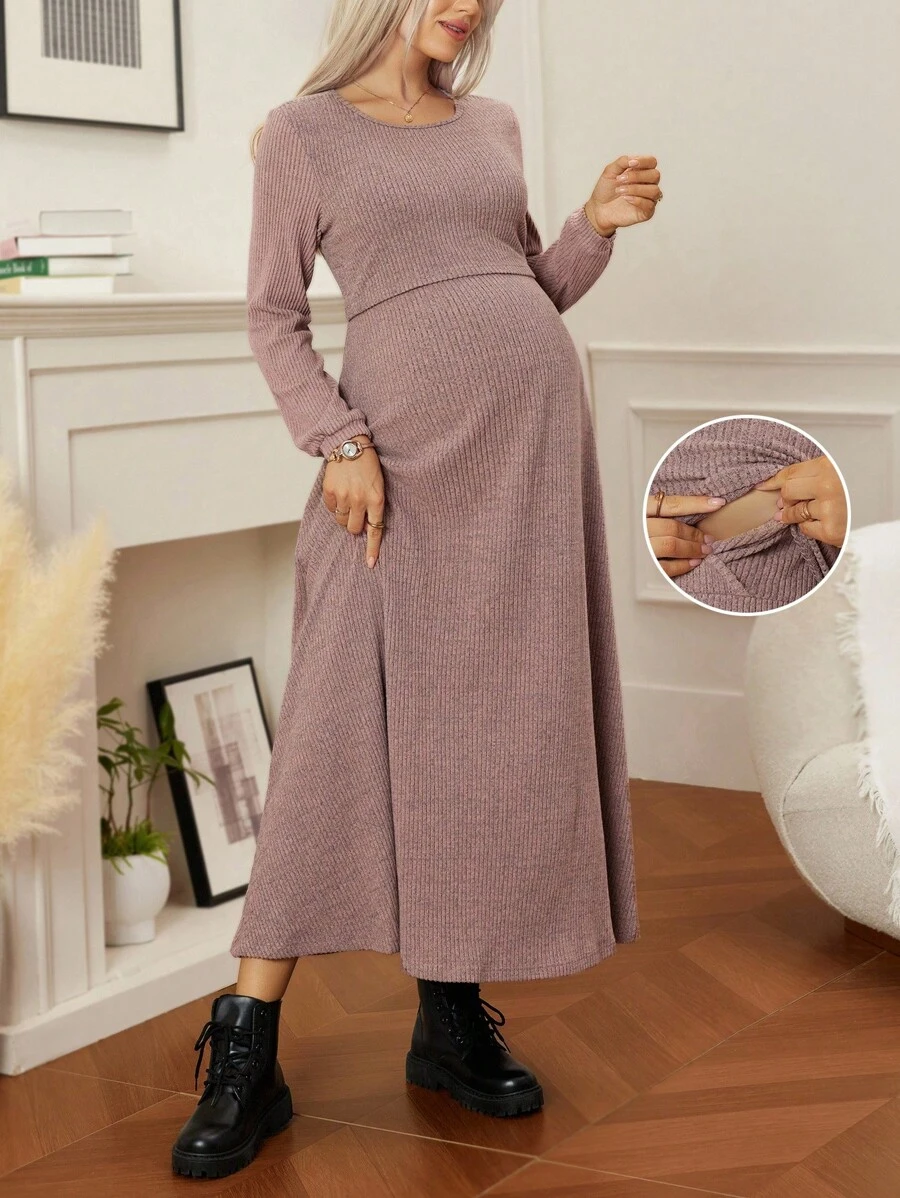 Cheriluna Maternity Casual Solid Color Nursing Maternity Dress Fall - Dusty Pink - View 1