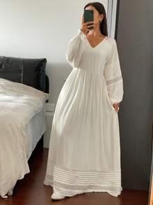 Livesso Váy midi ren chắp vá tay dài cổ chữ V, thắt eo cho nữ, mùa hè - trắng - Xem 4