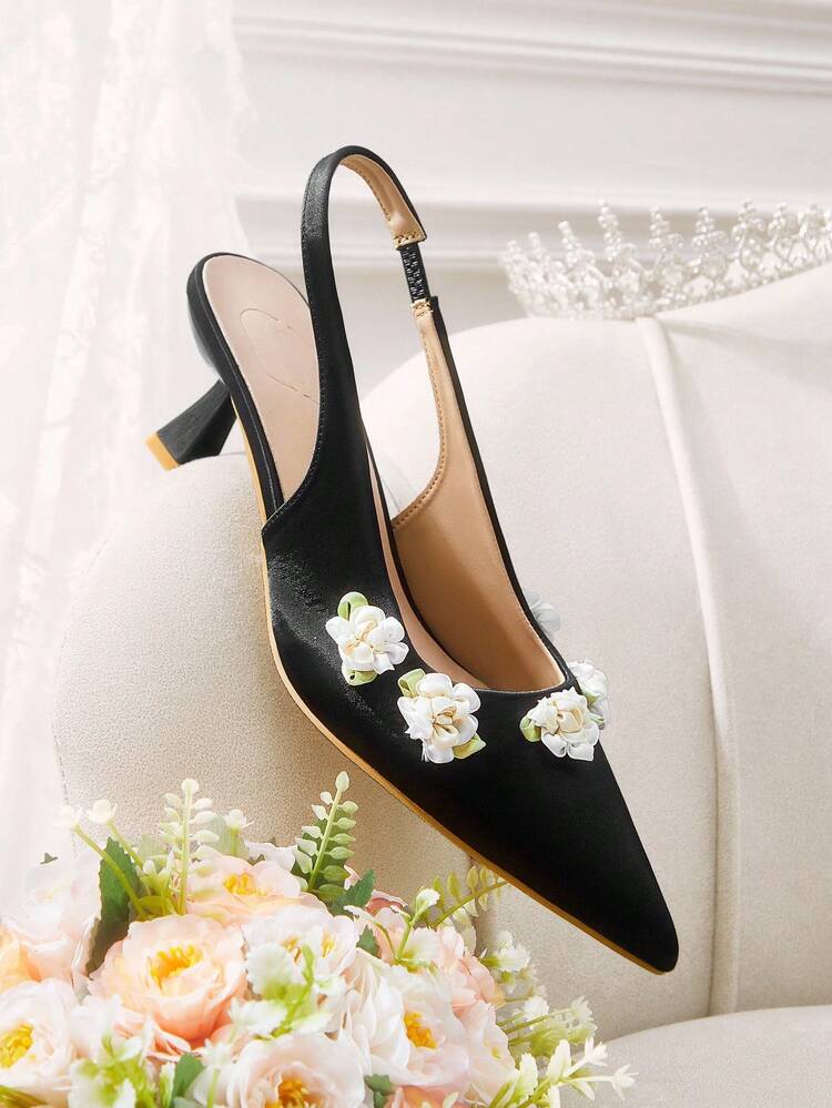 CUCCOO HITCHD Black Mesh Floral Pointed Toe Stiletto Heel Mid-Heel Gothic Alluring Elegant Dark Satin Backless Pumps For Women, Suitable For Banquet, Evening Party, Ball
