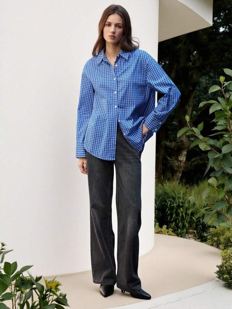 SHEIN Maija 女性用カジュアル通勤チェック柄長袖シャツ、オフィス用、秋