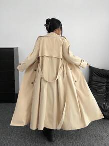 POPSWAY New Elegant Maxi Khaki Double-Breasted Straight Loose Cinched Waist Lapel Long Sleeve Windbreaker Coat For Women, Fashion Minimalist Chic Outerwear Winter Fall Autumn - Khaki - View 7