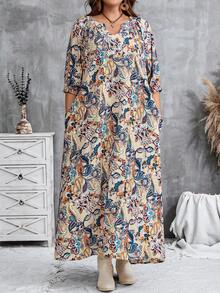 EMERY ROSE Plus Size Casual Vacation All-Over Print Notched Neck Dress Autumn, Fall Women's Dress Plus Size Boho Dress Plus Size Paisley Dress - Apricot - View 5