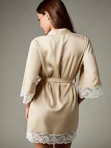 Missguided x Playboy Christmas Satin Robe With Lace Trim And Waist Belt - Apricot - View 2