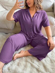 SHEIN Plus Size Simple Solid Color Soft & Skin-Friendly Button-Up Pajama Set, Outfits - Purple - View 5