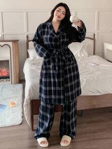 Dazy Plus 两件套格子简约中长睡袍和宽松直筒大码女式睡衣套装，秋冬服装，舒适套装 - 藏蓝色 - 查看 1