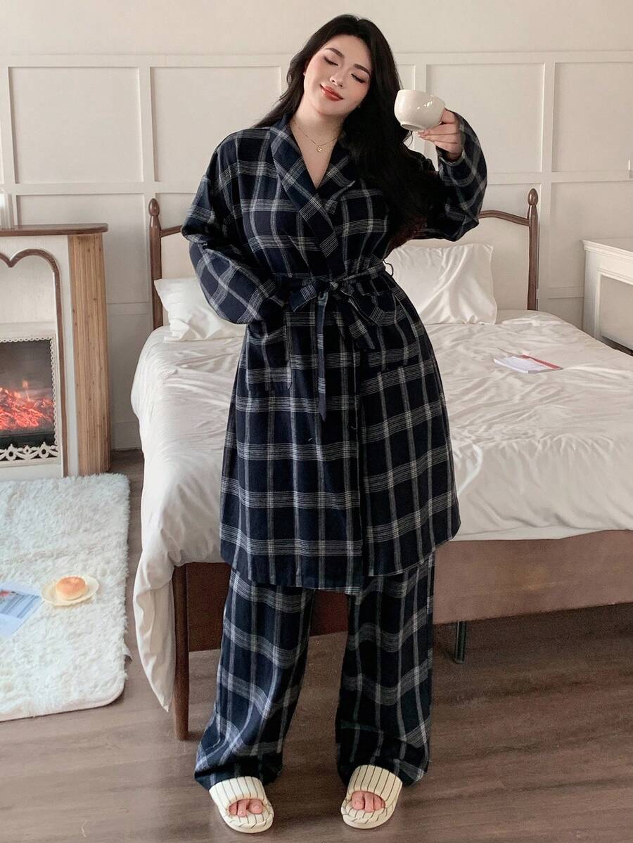 Dazy Plus 两件套格子简约中长睡袍和宽松直筒大码女式睡衣套装,秋冬服装,舒适套装 - 藏蓝色 - 查看 1