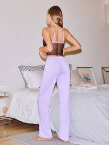 SHEIN INS 休闲舒适网眼简约罗纹饰边女士睡衣套装 - 紫色 - 查看 3