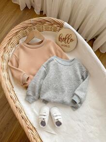 SHEIN 2 件套女婴休闲纯色针织长袖运动衫，保暖内衬，百搭，秋冬 - 卡其色 - 查看 5