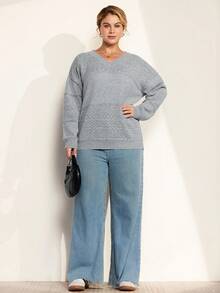 Momelise Plus Size Solid Color Hollow Out Knit Sweater, Casual For Autumn/Winter Fall Cloth For Women - Light Grey - View 4