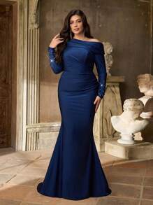 Aureia Plus Size Autumn And Winter Elegant And Gorgeous Dark Blue Asymmetrical Shoulder Long Sleeves With Hot Diamond Cuffs Design Pleated Slim Fishtail Hem With Train Suitable For Dinner Wedding Event Party Dance Date Holiday Evening Dress, Valentine's Day - Blue - View 7