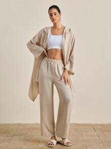 Airaco Bộ 2 món/Bộ đồ đi nghỉ cho nữ màu trơn thường ngày có mũ trùm đầu và quần - Màu be - Xem 3