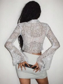 Amplova Áo croptop hở lưng phong cách Hippie dành cho nữ, khóa kéo phía trước - Màu be - Xem 8