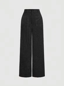 SHEIN MOD V-Neck Sleeveless Side Tie Waist Straight Pants Black Striped Suit Set,Early Autumn Outfit Back To School Preppy Tops 2pcs Set Khaki Pants Old Money Style,Business Casual Women,Office Wear Women Set.Striped Black Set,Professional Clothes - Black - View 5