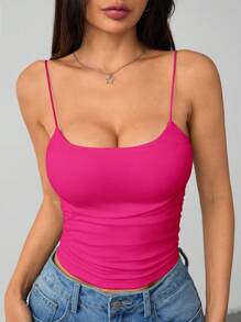 SHEIN PETITE Áo ba lỗ hở ngực bó sát cổ tròn thoáng khí cơ bản màu trắng dành cho nữ - Màu Hồng Tươi - Xem 7