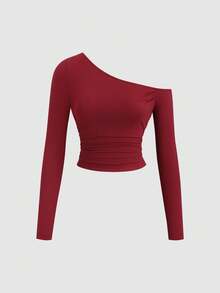 Sweetra 女士新款不对称领口腰部褶饰修身T恤套装，适合日常通勤，春秋季 - 彩色 - 查看 4