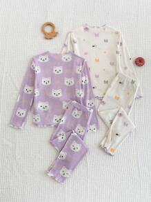 Emery Rose Kids Emery Rose Kids 4 件套少女针织可爱动物图案荷叶边领休闲 T 恤和加长裤家居服套装 - 彩色 - 查看 4