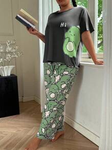 SHEIN Cute Dinosaur Print Short Sleeve & Long Pants Plus Size Pajama Set Green Pj Set Dinosaur Pajamas