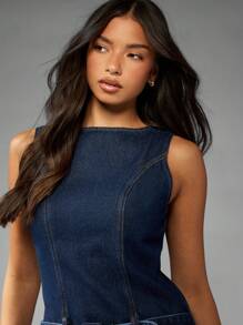 MISSGUIDED 迷你牛仔直筒连衣裙，撞色缝线，低腰腰带，秋季时尚西式修身 A 字形廓形，复古风无袖设计 - 藍色 - 查看 5