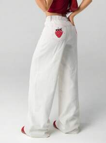 SHEIN ICON Women's Early Autumn New White Cute Heart-Shaped Strawberry Bow Embroidered Straight Leg Pants, Casual Outgoing Minimalist - White - View 6