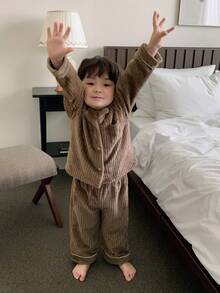 DAZY Pyjama en flanelle de couleur unie confortable à manches longues pour bébés garçons, doublure thermique pour automne/hiver, pour tout-petits - Marron - Voir 4