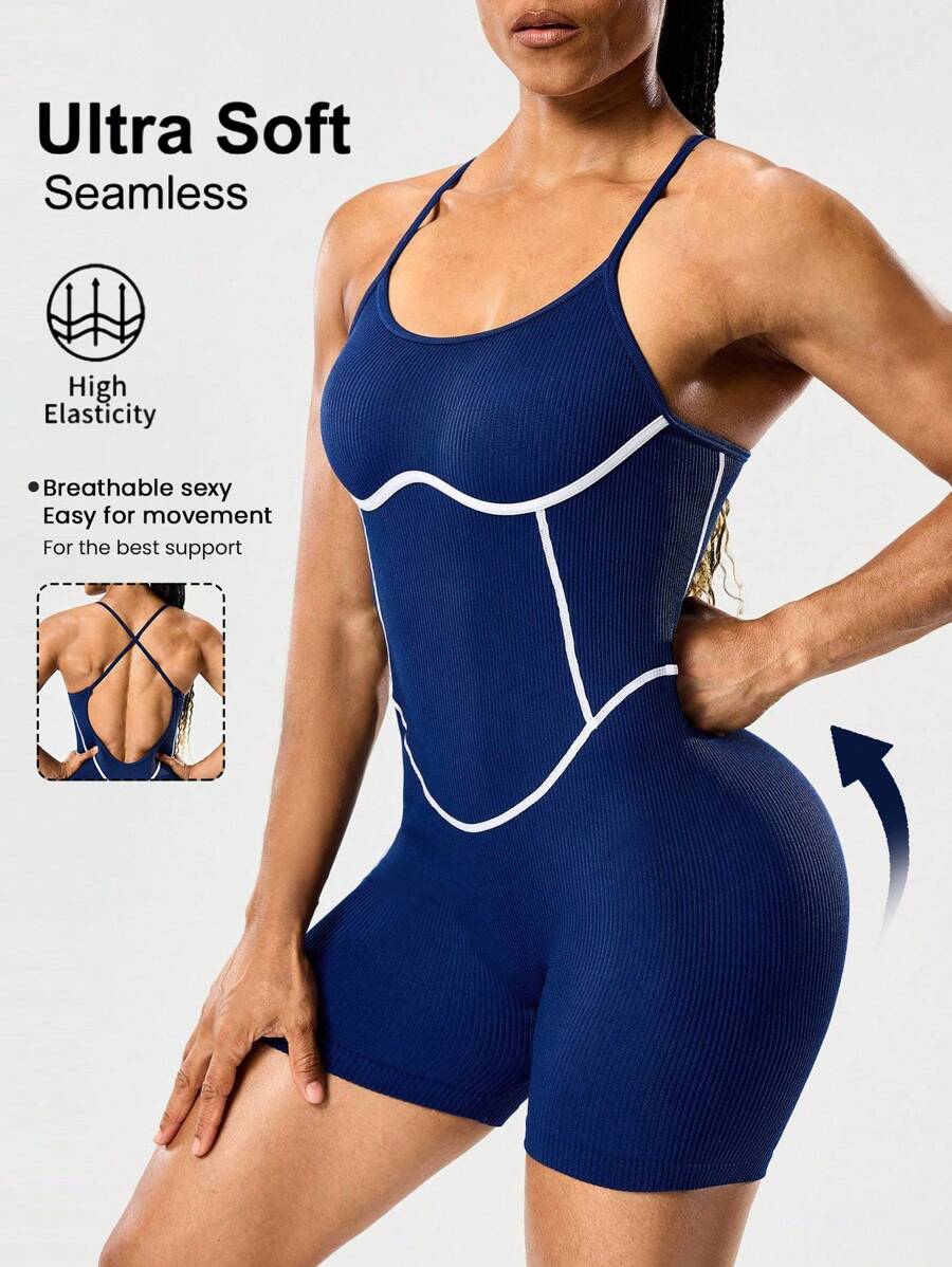 SHEIN Sports Contrasting Trim Open Back Halter Neck Romper Seamless Workout Jumpsuit