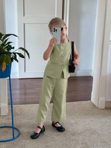 SHEIN 年轻女孩通勤休闲纯色梭织无袖圆领上衣和直筒裤套装，法式 - 綠色 - 查看 5