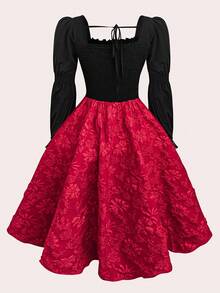 Sweetra 全新复古优雅派对纹理提花拼布黑色面料泡泡袖连衣裙，浪漫公主裙 - 彩色 - 查看 2