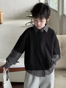 Dazy Kids 青少年男童宽松休闲格子拼接T恤，秋季款 - 黑色 - 查看 6