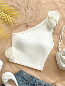 Soleia 春夏波西米亚风单肩手工 3D 花朵修身女式毛衣，适合度假、音乐节、节日约会、下午茶奶油背心玫瑰上衣可爱短款上衣奶油上衣单肩上衣 - 白色 - 查看 4