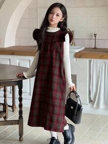 DAZY Girls Plaid Dress With Flutter Sleeves, Casual Plaid Pinafore Dress, Fashionable Street Style For Fall/Winter - Multicolor - View 1