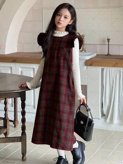DAZY Girls Plaid Dress With Flutter Sleeves, Casual Plaid Pinafore Dress, Fashionable Street Style For Fall/Winter