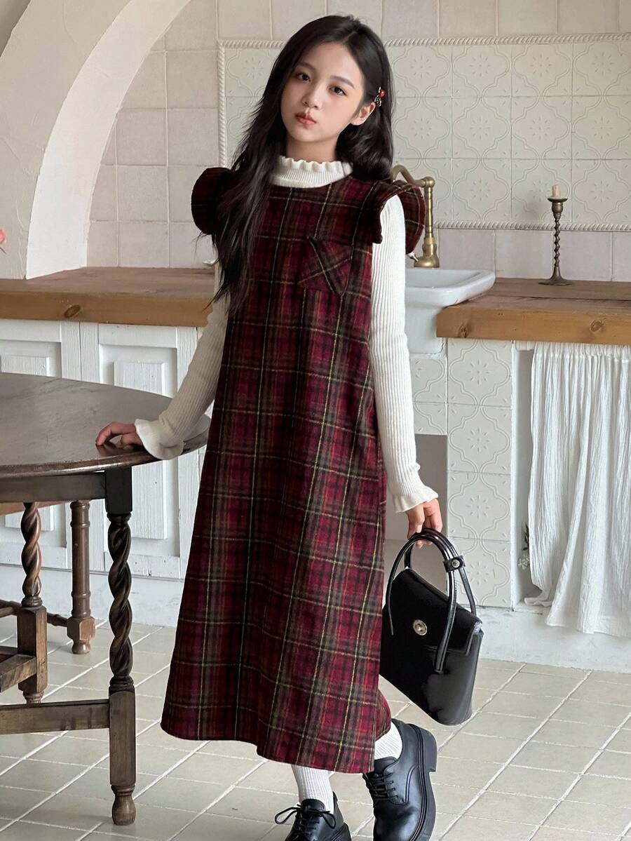 DAZY Girls Plaid Dress With Flutter Sleeves, Casual Plaid Pinafore Dress, Fashionable Street Style For Fall/Winter - Multicolor - View 1