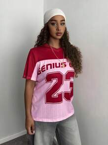 SHEIN HypeZone 女士运动风粉色印花短袖圆领T恤 - 粉色 - 查看 5