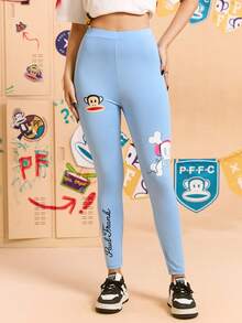 Paul Frank X SHEIN Women's Casual Everyday Sports Cartoon & Letter Graphic High Waist Leggings - Blue - View 1