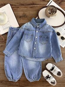 SHEIN 2pcs/Set Young Boy Fall/Winter Vintage Casual Basic Everyday Style Blue Denim Lapel Long Sleeve Shirt And Elastic Waist Loose Fit Cuffed Jogger Jeans Set,For Baby Fall/Winter Clothes,Boys Back-To-School Clothes,Baby Boys Baby Girls Streetwear Outfits,Toddler Boys Denim Two-Piece Set,Boys Christmas Outfits