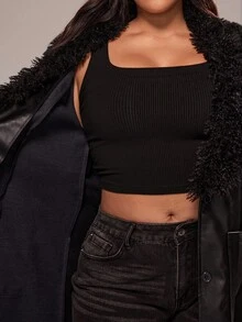 Rustia Plus Size Women Faux Leather Coat With Fur Collar, Long Slim Fit Jacket Winter Fall Autumn